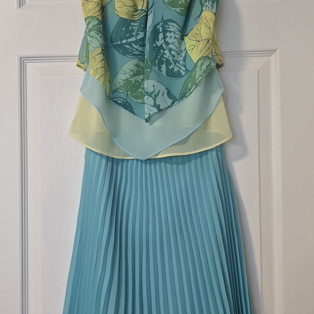 Blue and Yellow Leaf Print Dress
